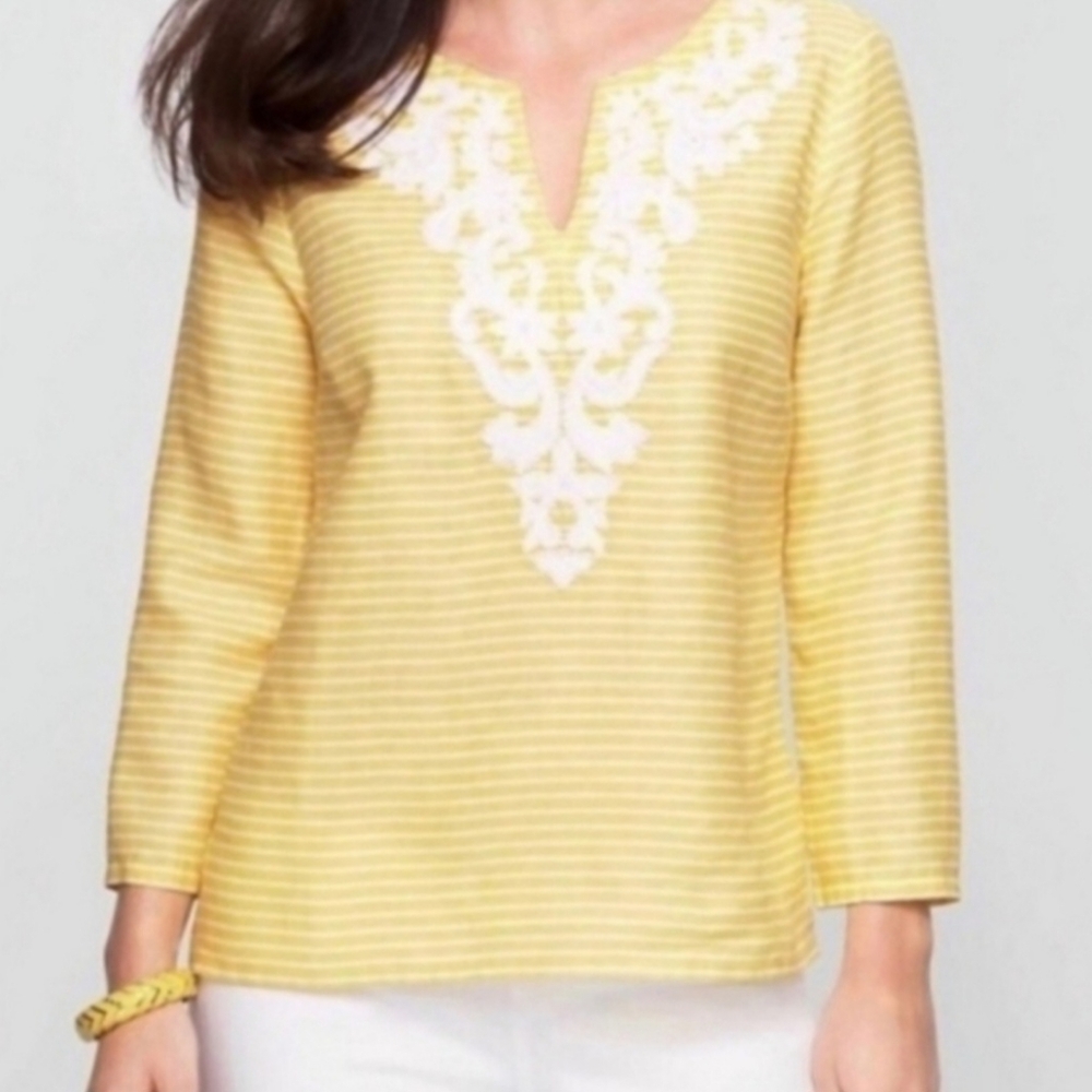 Talbots Yellow and White Embroidered Striped Tunic